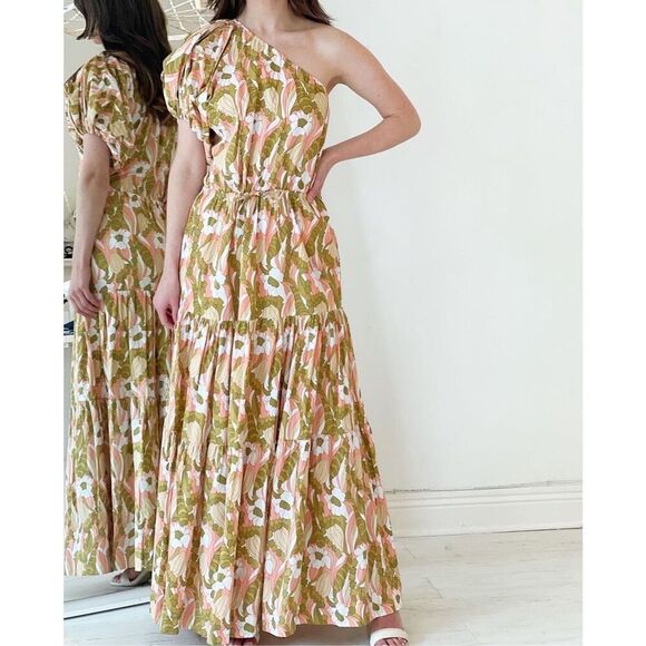 S/W/F ONE SHOULDER PUFF SLEEVE MAXI DRESS Vacation Beach Wedding size S NWT - Picture 2 of 6